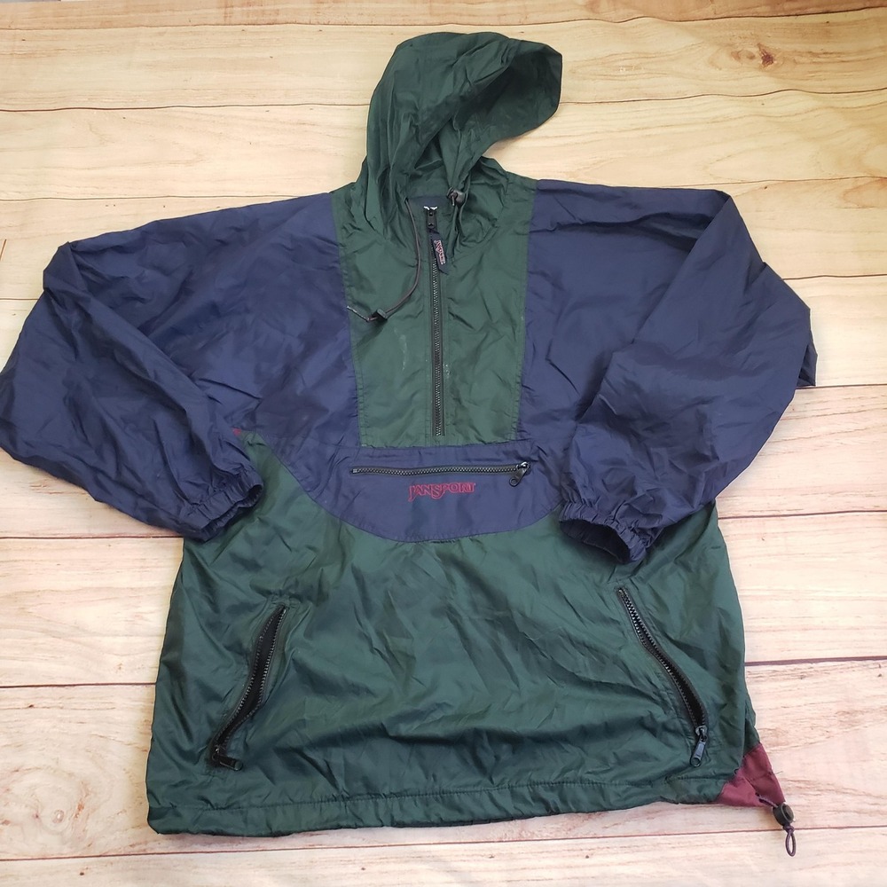 Vintage JanSport‎ Jacket Mens Medium Green Navy Nylon Hooded Anorak Pullover 90s